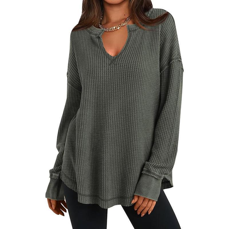 Women's Waffle Knit Long Sleeve V-Neck Top