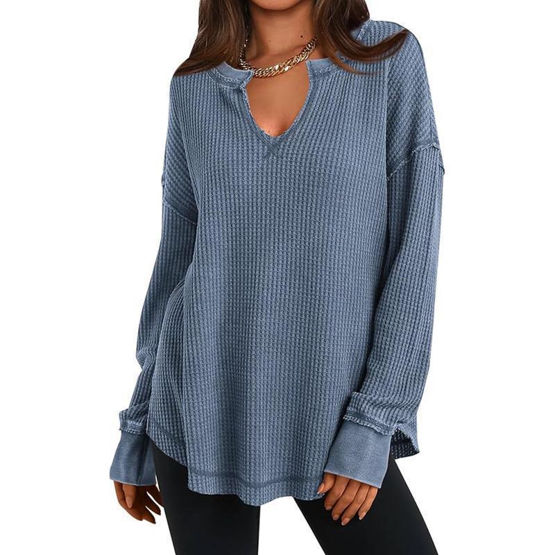 Women's Waffle Knit Long Sleeve V-Neck Top