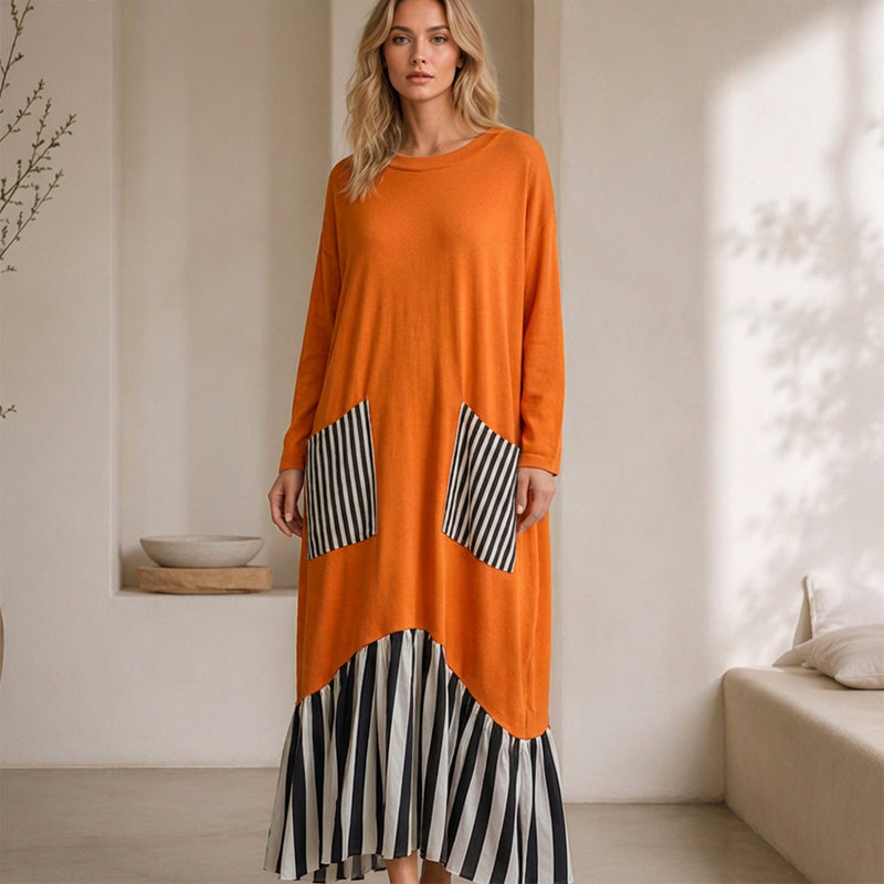 Women's Striped Patchwork Long Sleeve Maxi Dress