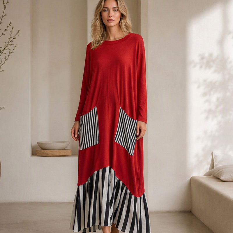 Women's Striped Patchwork Long Sleeve Maxi Dress