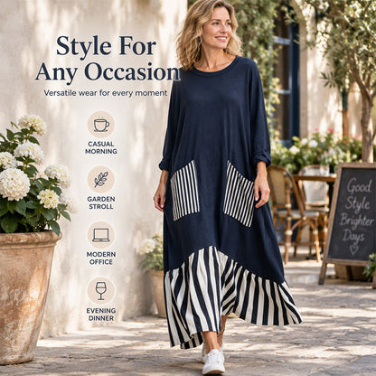 Women's Striped Patchwork Long Sleeve Maxi Dress