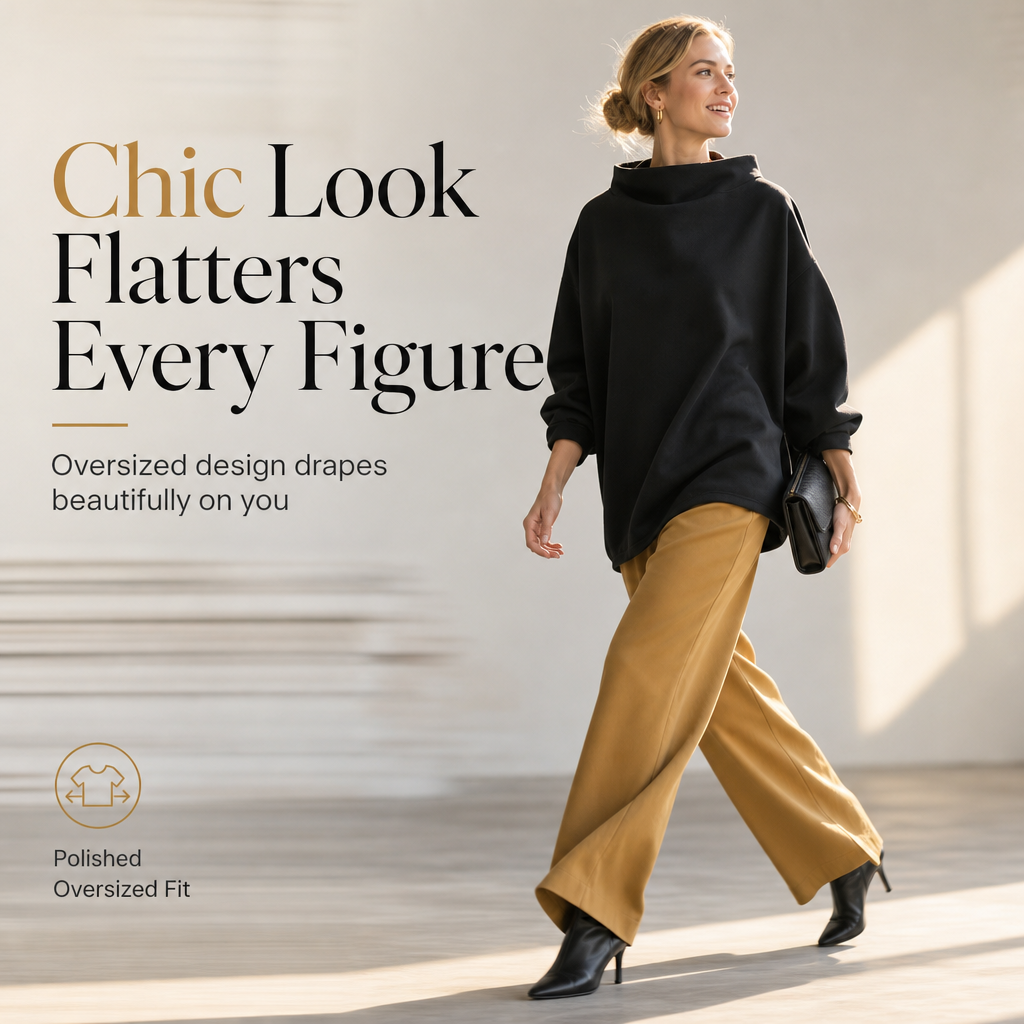Loose Fit Mock Neck Draped Pullover Sweatshirt with Dropped Shoulders and Long Sleeves