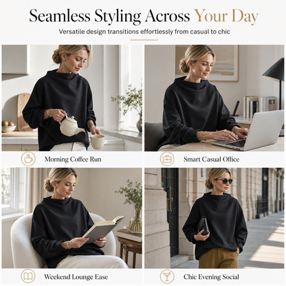 Loose Fit Mock Neck Draped Pullover Sweatshirt with Dropped Shoulders and Long Sleeves