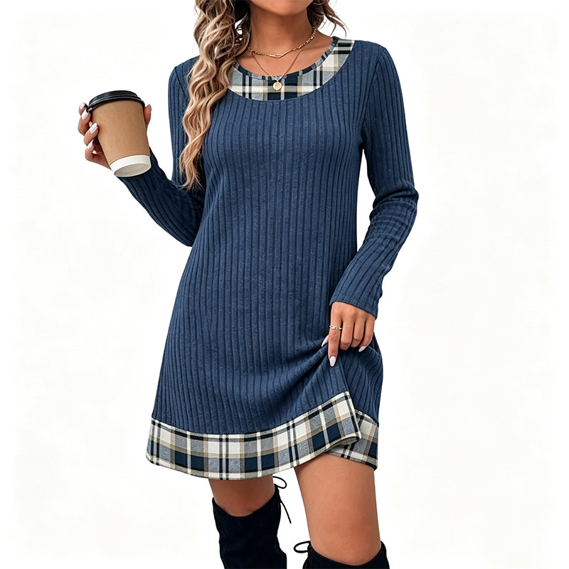 🏆 Hot Sale✨Women's Casual Plaid Patchwork Knit Dress