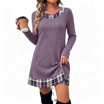 🏆 Hot Sale✨Women's Casual Plaid Patchwork Knit Dress