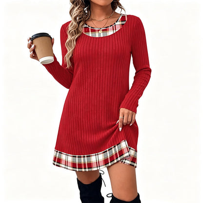 🏆 Hot Sale✨Women's Casual Plaid Patchwork Knit Dress