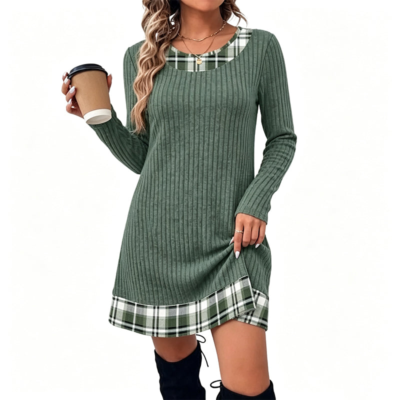 🏆 Hot Sale✨Women's Casual Plaid Patchwork Knit Dress