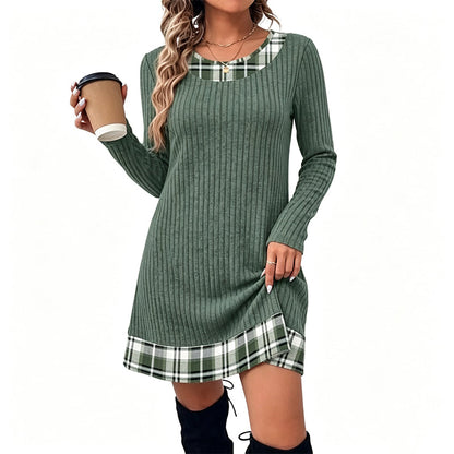🏆 Hot Sale✨Women's Casual Plaid Patchwork Knit Dress