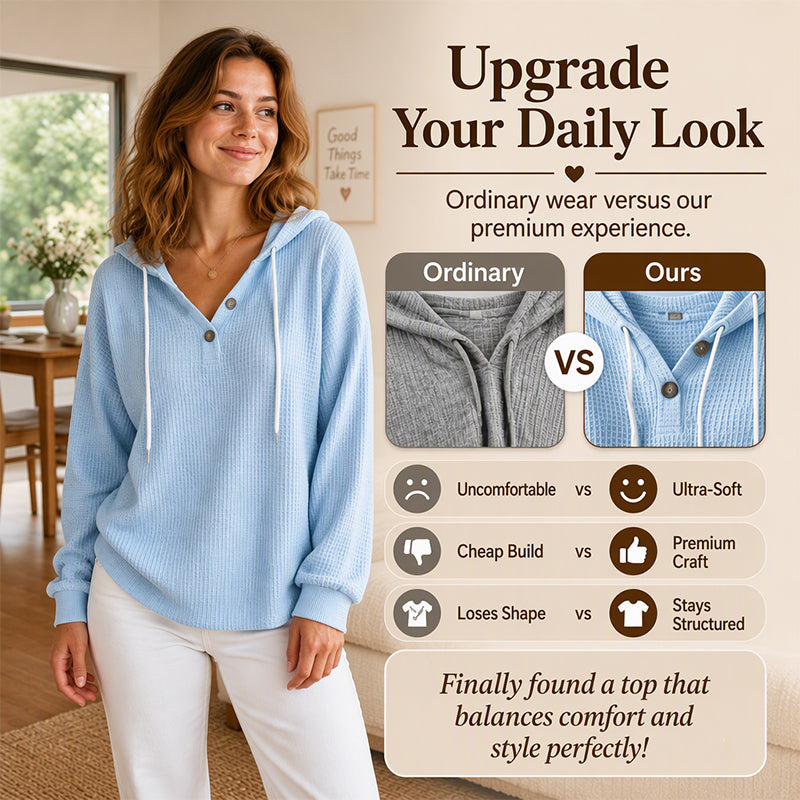 🧶 Textured Comfort, Cozy Head Coverage | Women's Waffle Knit Henley Hooded Sweatshirt