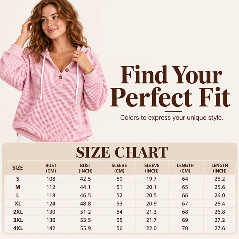 🧶 Textured Comfort, Cozy Head Coverage | Women's Waffle Knit Henley Hooded Sweatshirt