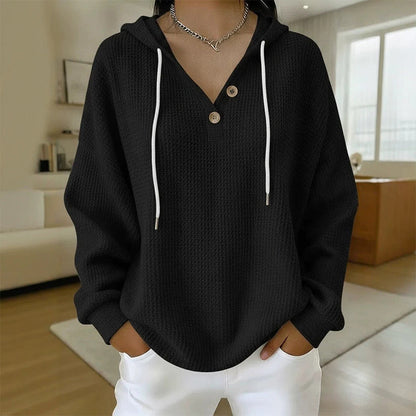 🧶 Textured Comfort, Cozy Head Coverage | Women's Waffle Knit Henley Hooded Sweatshirt