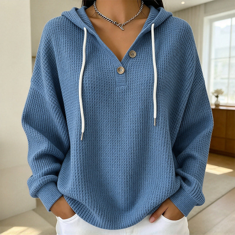 🧶 Textured Comfort, Cozy Head Coverage | Women's Waffle Knit Henley Hooded Sweatshirt