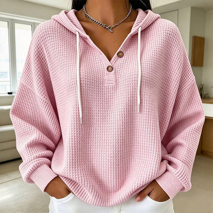 🧶 Textured Comfort, Cozy Head Coverage | Women's Waffle Knit Henley Hooded Sweatshirt