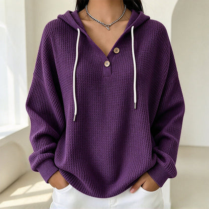 🧶 Textured Comfort, Cozy Head Coverage | Women's Waffle Knit Henley Hooded Sweatshirt