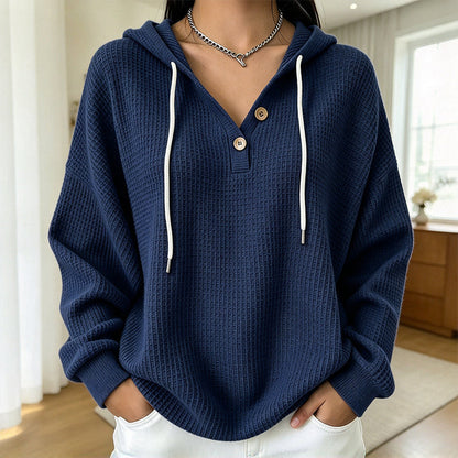 🧶 Textured Comfort, Cozy Head Coverage | Women's Waffle Knit Henley Hooded Sweatshirt