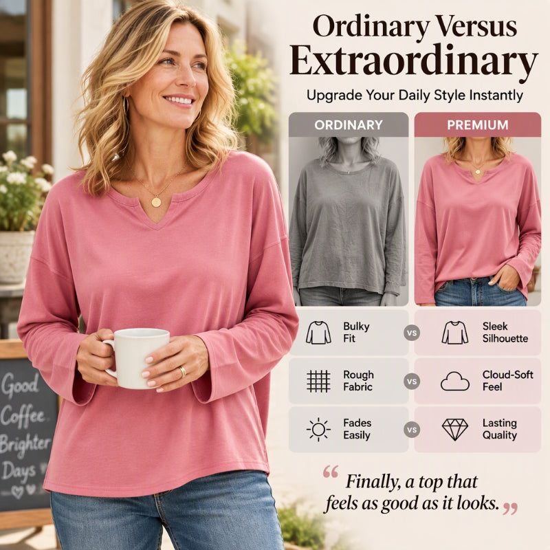 👚 Flattering Neckline, Easy Everyday Comfort | Women's Casual Notch V-Neck Long Sleeve Top