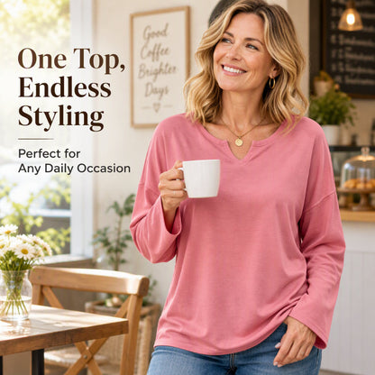 👚 Flattering Neckline, Easy Everyday Comfort | Women's Casual Notch V-Neck Long Sleeve Top