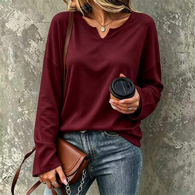 👚 Flattering Neckline, Easy Everyday Comfort | Women's Casual Notch V-Neck Long Sleeve Top