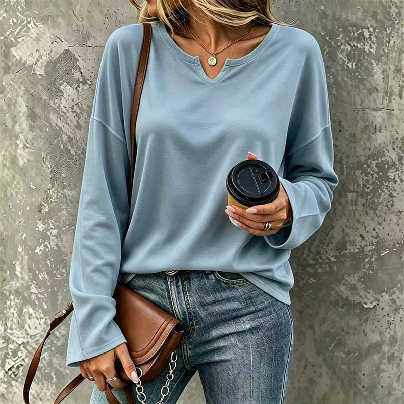 👚 Flattering Neckline, Easy Everyday Comfort | Women's Casual Notch V-Neck Long Sleeve Top