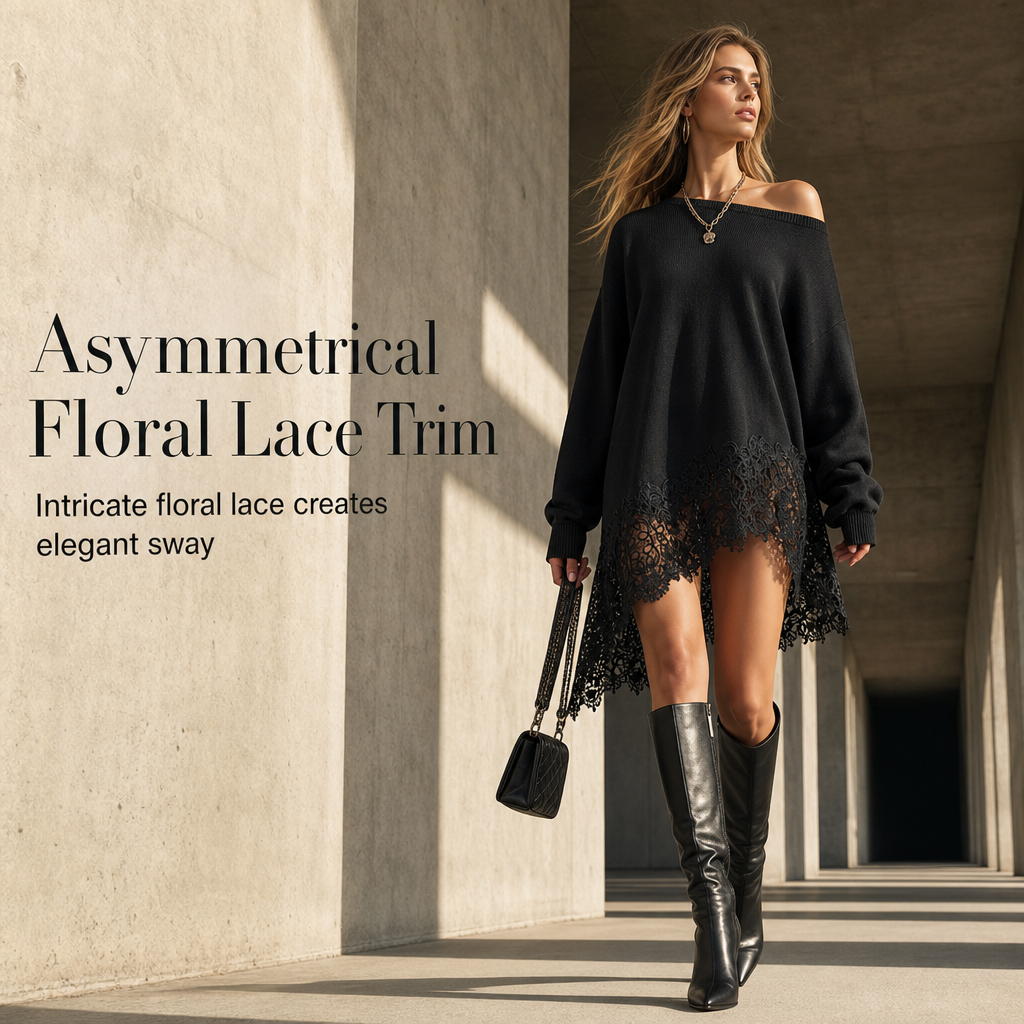 Women's Oversized Off-Shoulder Knit Sweater Dress with Asymmetric Floral Lace Hem