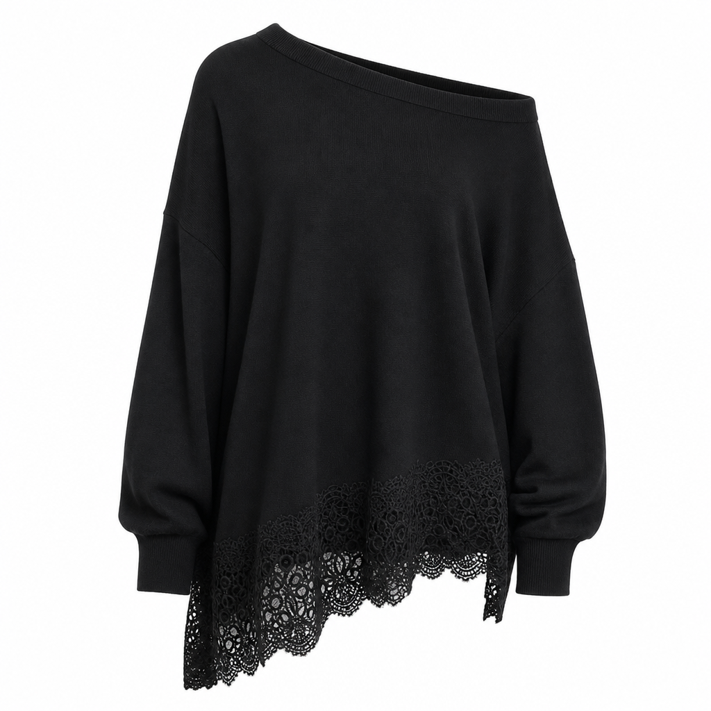 Women's Oversized Off-Shoulder Knit Sweater Dress with Asymmetric Floral Lace Hem