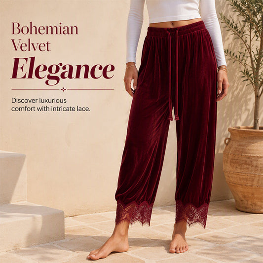 Women's Velvet Wide Leg Pants with Lace Trim