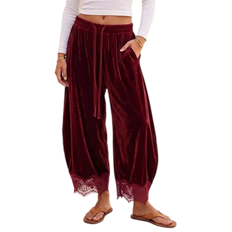 Women's Velvet Wide Leg Pants with Lace Trim