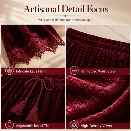 Women's Velvet Wide Leg Pants with Lace Trim