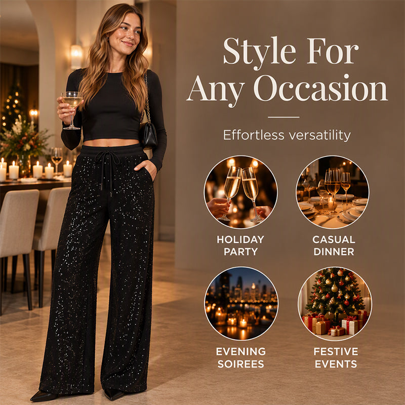 ✨ Shine Bright Tonight: Women's Premium Sequin Wide-Leg Trousers ☕