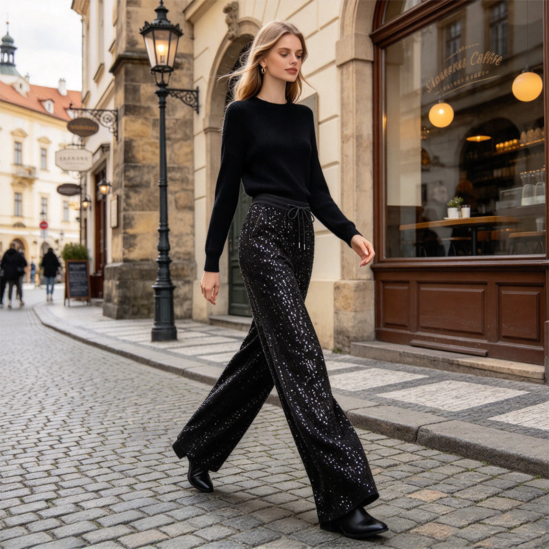 ✨ Shine Bright Tonight: Women's Premium Sequin Wide-Leg Trousers ☕