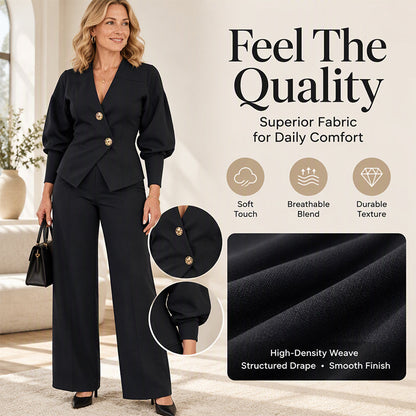 Women's Elegant Puff Sleeve Blazer and Wide-Leg Pants Set