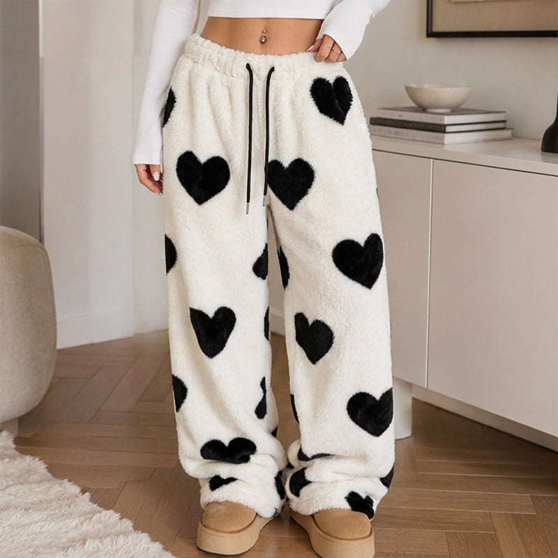 Women's Heart Print Plush Wide-Leg Pants