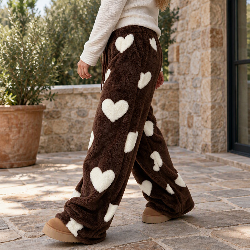 Women's Heart Print Plush Wide-Leg Pants