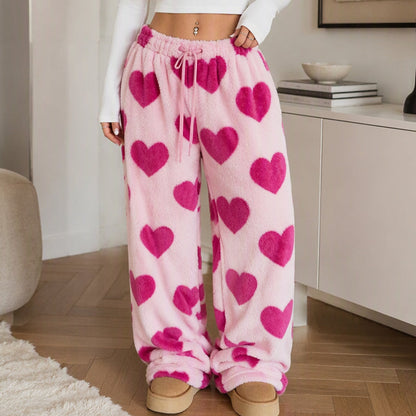 Women's Heart Print Plush Wide-Leg Pants