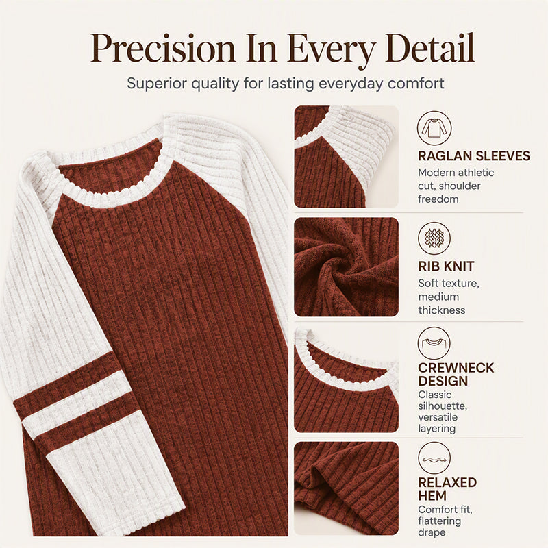 🎨 Bold Color Contrast, Textured Comfort | Women's Color-Block Long Sleeve Ribbed Knit Top