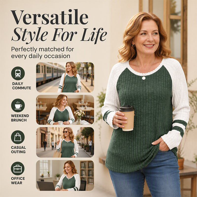 🎨 Bold Color Contrast, Textured Comfort | Women's Color-Block Long Sleeve Ribbed Knit Top