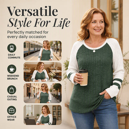 🎨 Bold Color Contrast, Textured Comfort | Women's Color-Block Long Sleeve Ribbed Knit Top