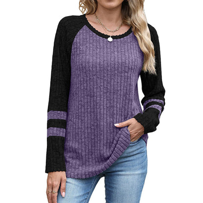 🎨 Bold Color Contrast, Textured Comfort | Women's Color-Block Long Sleeve Ribbed Knit Top
