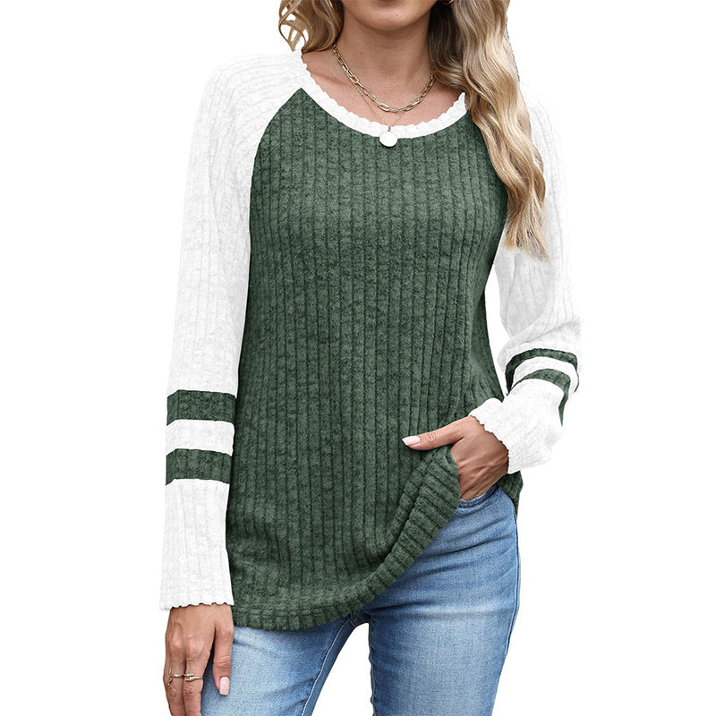 🎨 Bold Color Contrast, Textured Comfort | Women's Color-Block Long Sleeve Ribbed Knit Top