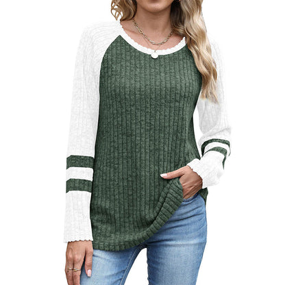 🎨 Bold Color Contrast, Textured Comfort | Women's Color-Block Long Sleeve Ribbed Knit Top