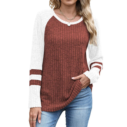 🎨 Bold Color Contrast, Textured Comfort | Women's Color-Block Long Sleeve Ribbed Knit Top