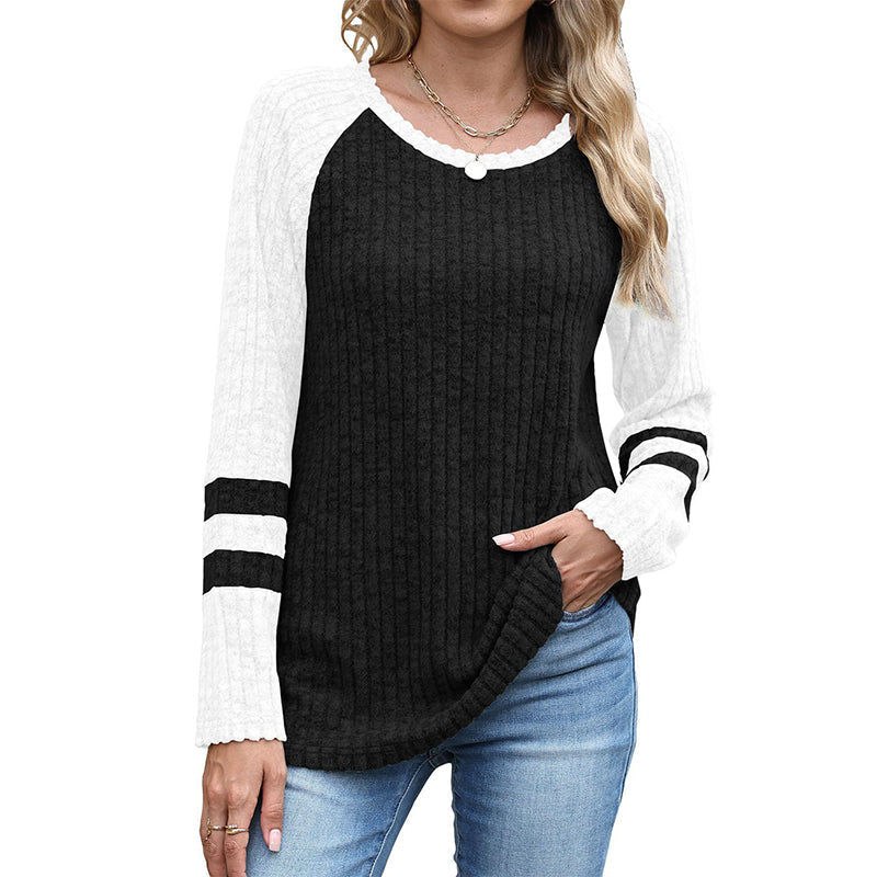 🎨 Bold Color Contrast, Textured Comfort | Women's Color-Block Long Sleeve Ribbed Knit Top