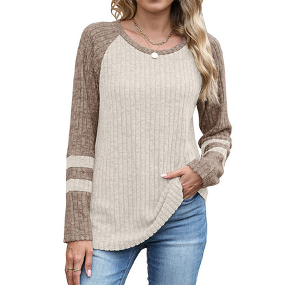 🎨 Bold Color Contrast, Textured Comfort | Women's Color-Block Long Sleeve Ribbed Knit Top