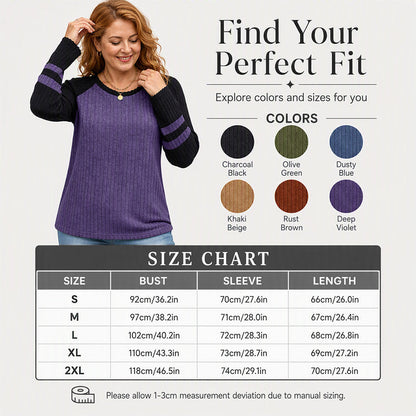🎨 Bold Color Contrast, Textured Comfort | Women's Color-Block Long Sleeve Ribbed Knit Top