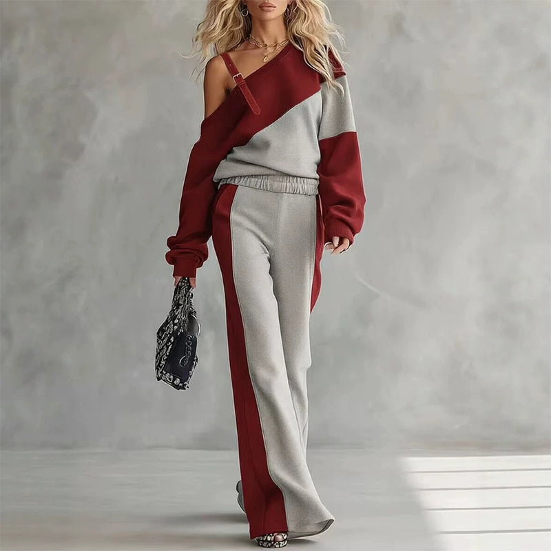 Women's Casual Color Block Off-Shoulder 2-Piece Set