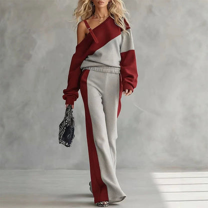 Women's Casual Color Block Off-Shoulder 2-Piece Set