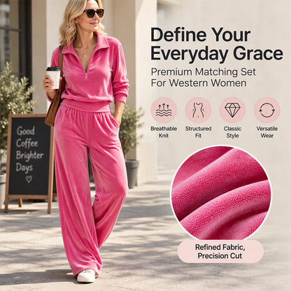 Women's Retro Half-Zip Pullover & Wide-Leg Pants Set