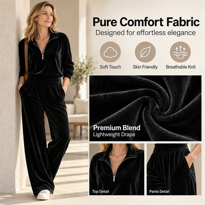Women's Retro Half-Zip Pullover & Wide-Leg Pants Set
