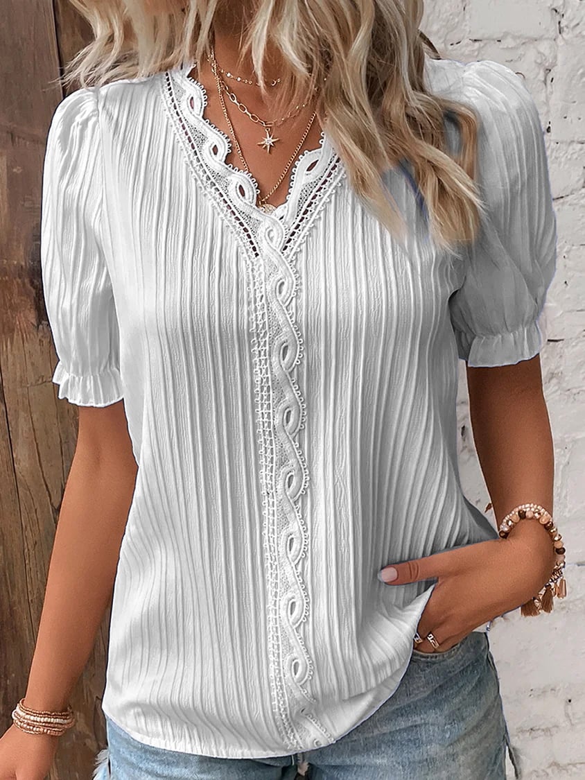 (🎁2026 New Year Hot Sale🎁)Limited Stock🔥V Neck Plain Lace Elegant Shirt（Buy 2 Free Shipping）