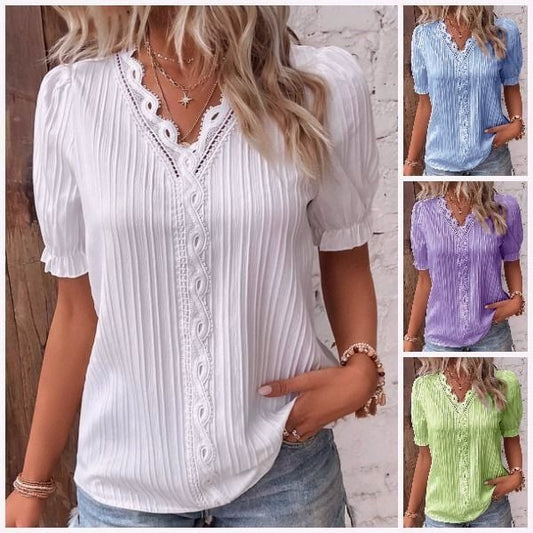 (🎁2024 New Year Hot Sale🎁)Limited Stock🔥V Neck Plain Lace Elegant Shirt（Buy 2 Free Shipping）